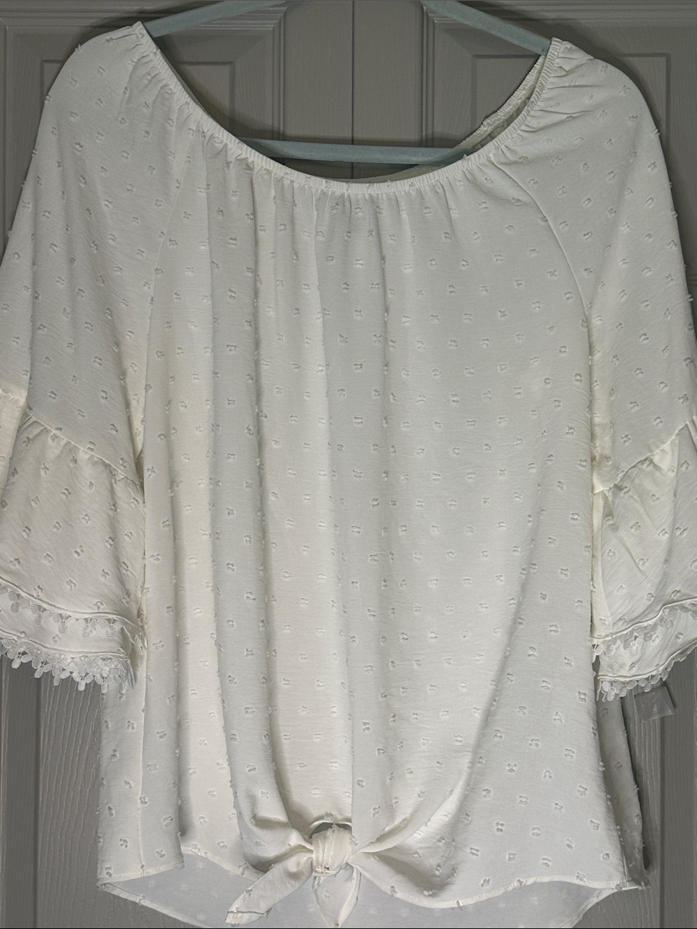 AGB White Swiss Dot Tie-Hem Peasant Blouse